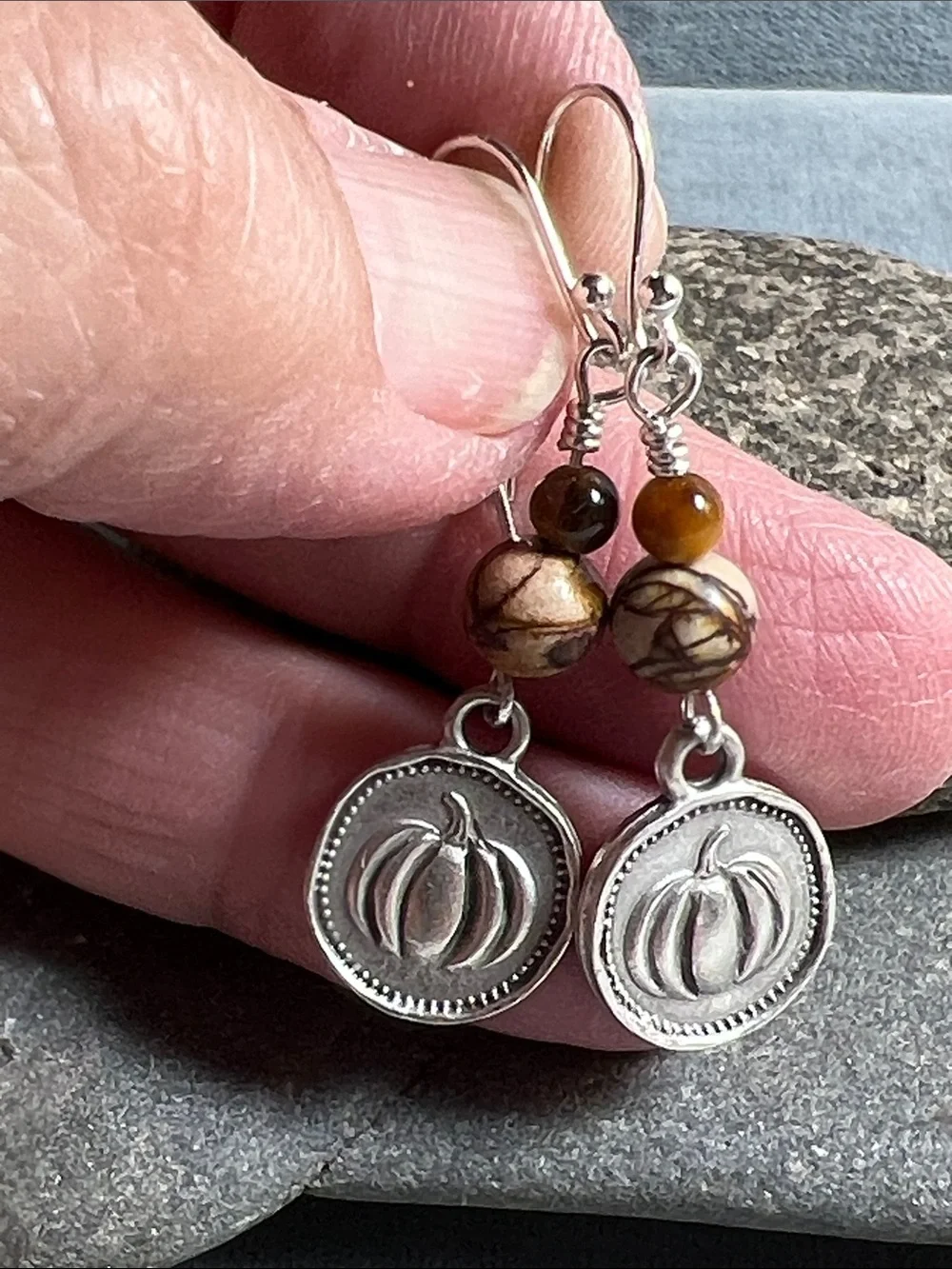 Pumpkin charm sterling 925 dangle earrings Picasso Jasper & tiger eye gemstones